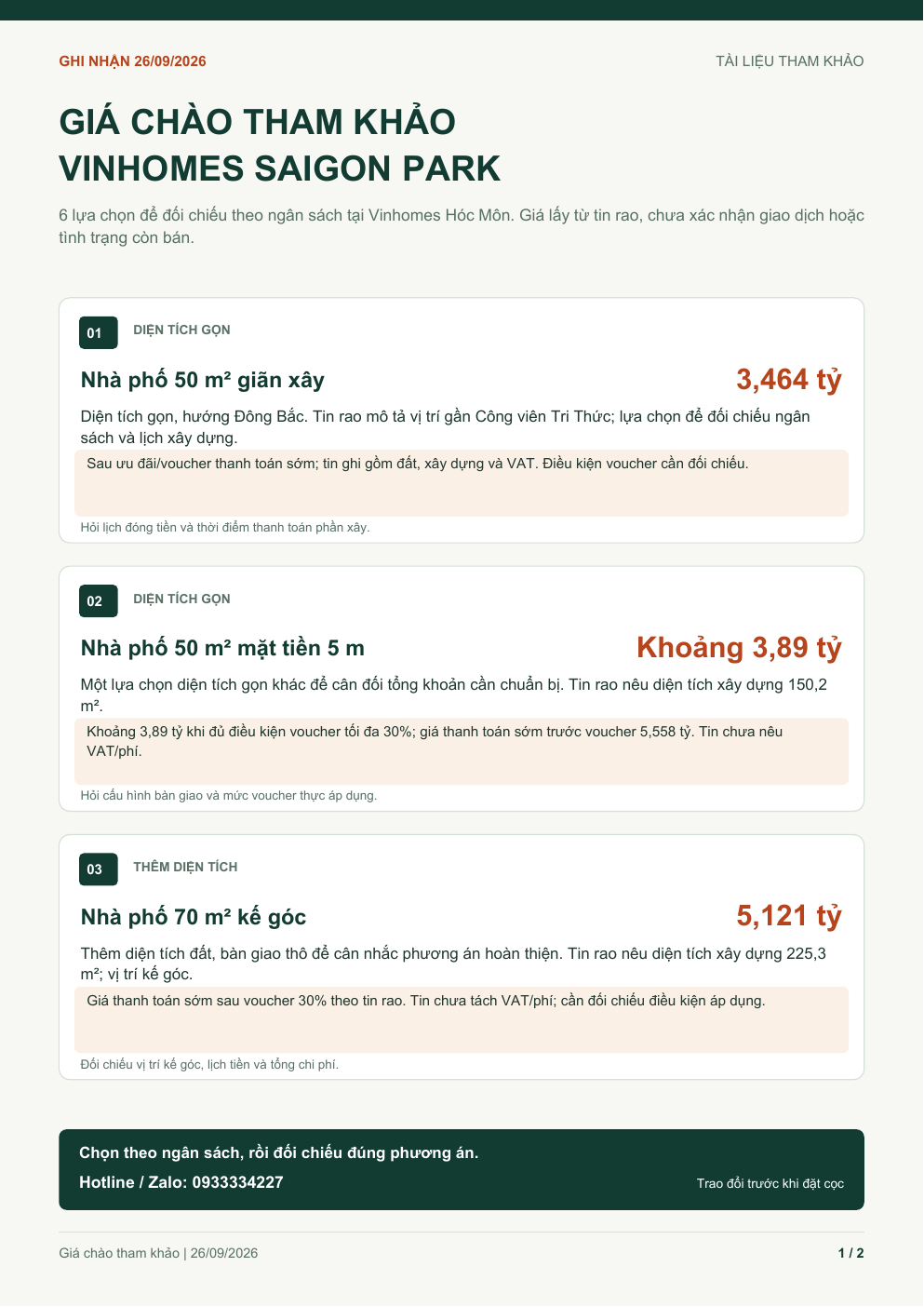 Xem trước trang 1 PDF giá chào tham khảo Vinhomes Saigon Park