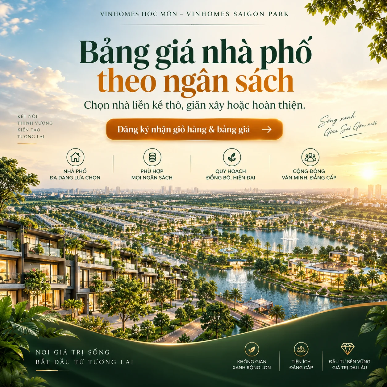 Poster minh họa AI: Đầu trang — Bảng giá nhà phố theo ngân sách — Vinhomes Hóc Môn