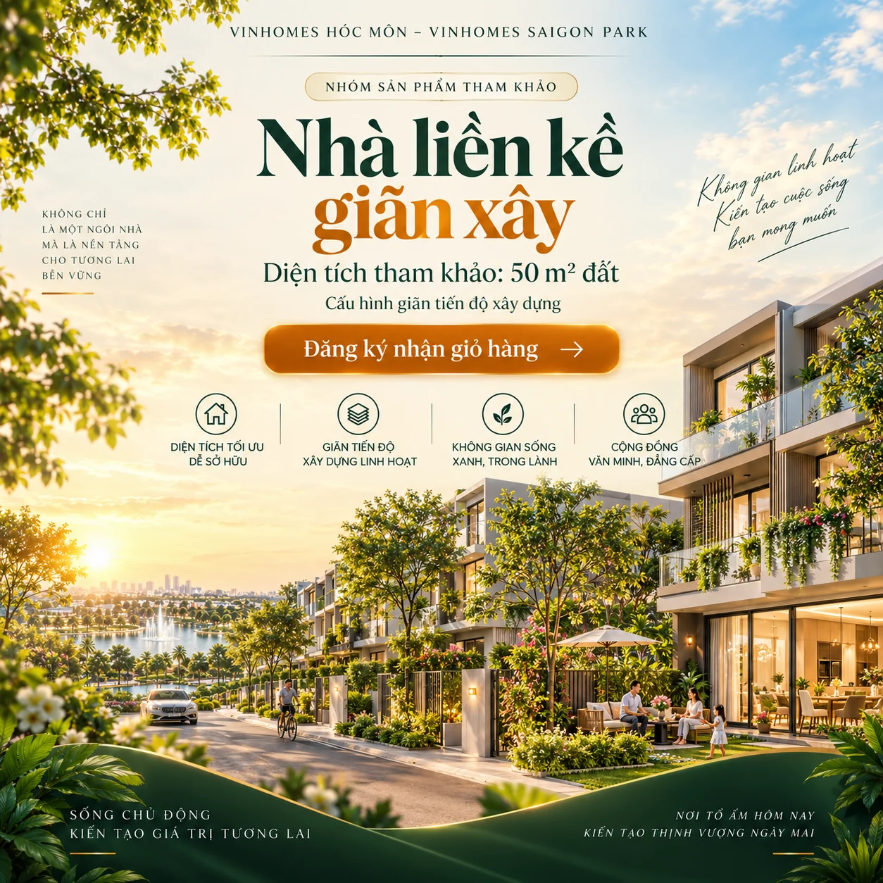Poster minh họa AI: Nhà liền kề giãn xây — Vinhomes Hóc Môn